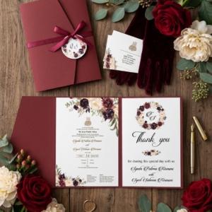 Maroon Color 3 fold Wedding Cards
