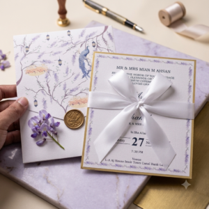 Whimsical Lavender and Peacock Wedding Invitation Design