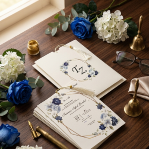 Elegant Blue and Gold Floral Wedding Invitation Design